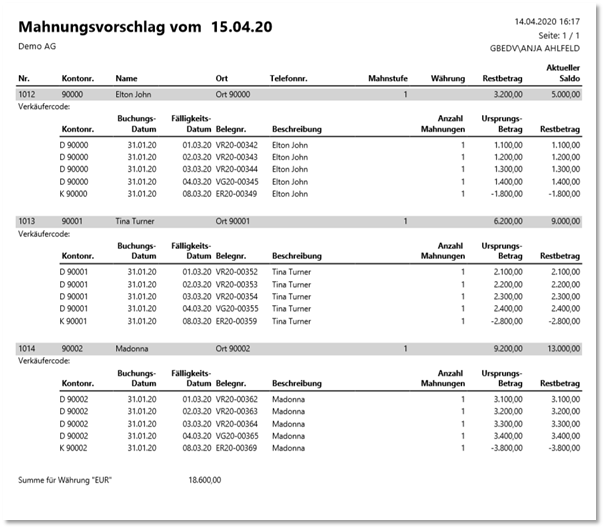 Vorschau Mahnvorschlagsliste mit Posteninformation