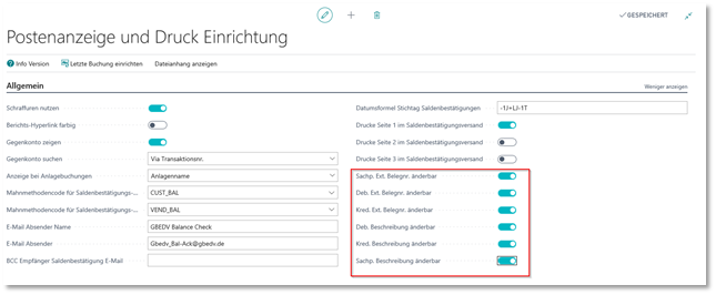 Einrichtungsfelder für Postenbemerkungen