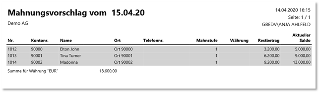 Vorschau Mahnvorschlagsliste