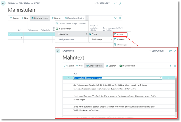 Vortext für Saldobestätigung