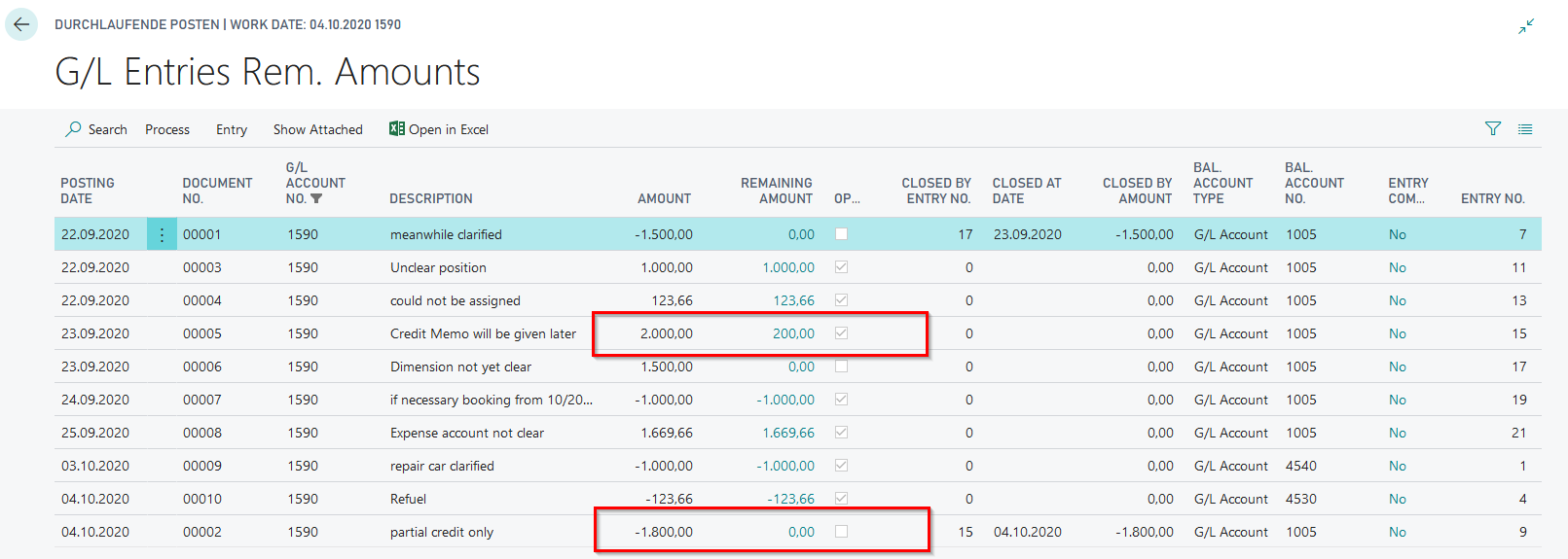 G/L entries incl remaining amount