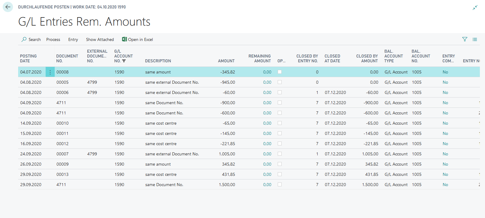 G/L entries remaining amounts