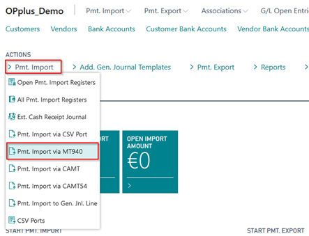 Import Via MT940 Menu