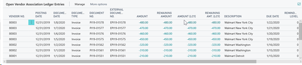 Open Vendor Association Ledger Entries