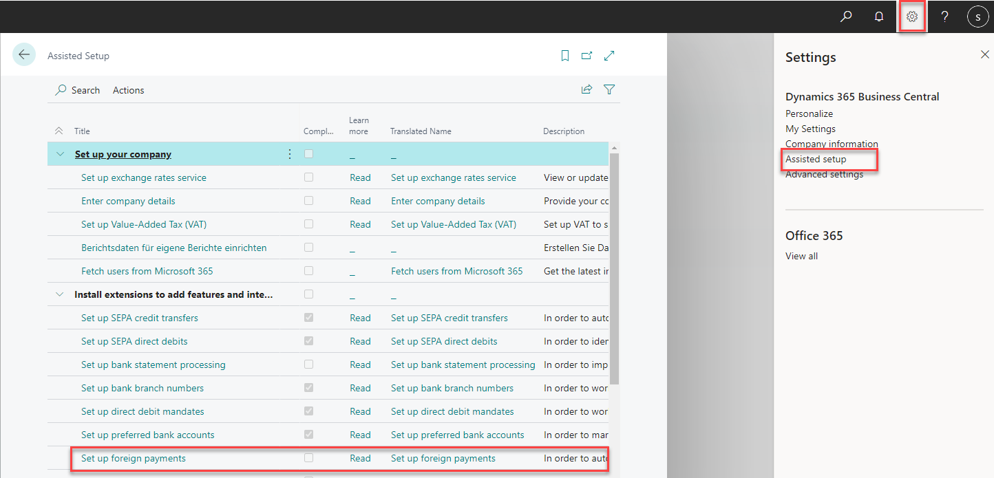 Setup wizard for foreign payments