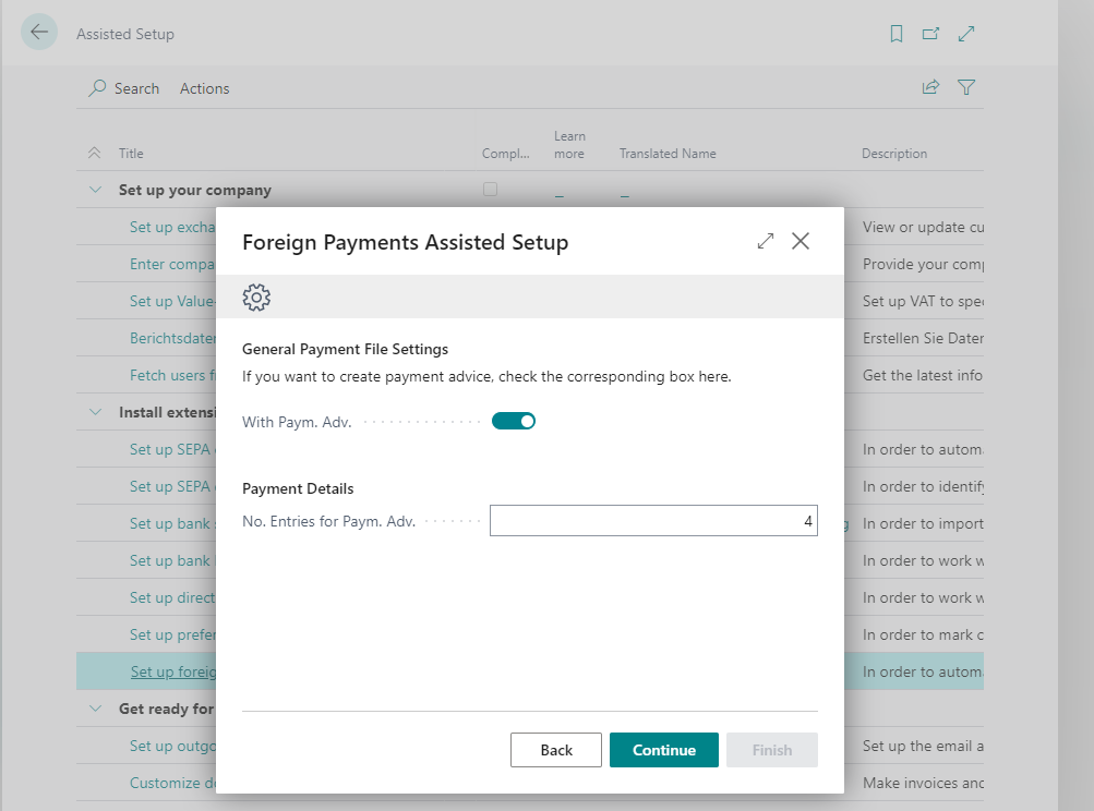 Setup wizard for foreign payments Advices