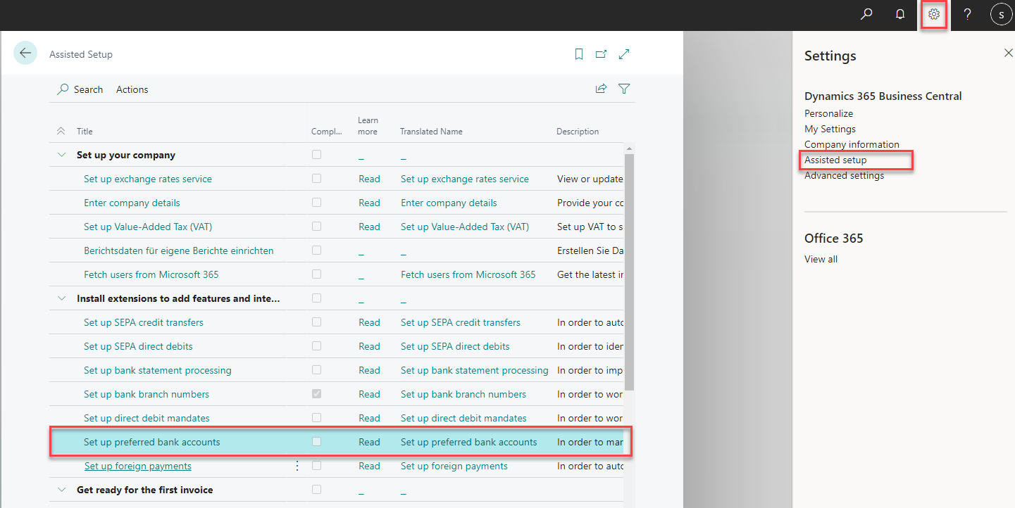 Setup wizard for setting the "Preferred bank accounts