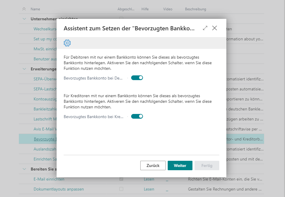 Assistent Bevorzugte Bankkonten Debitoren/Kreditoren