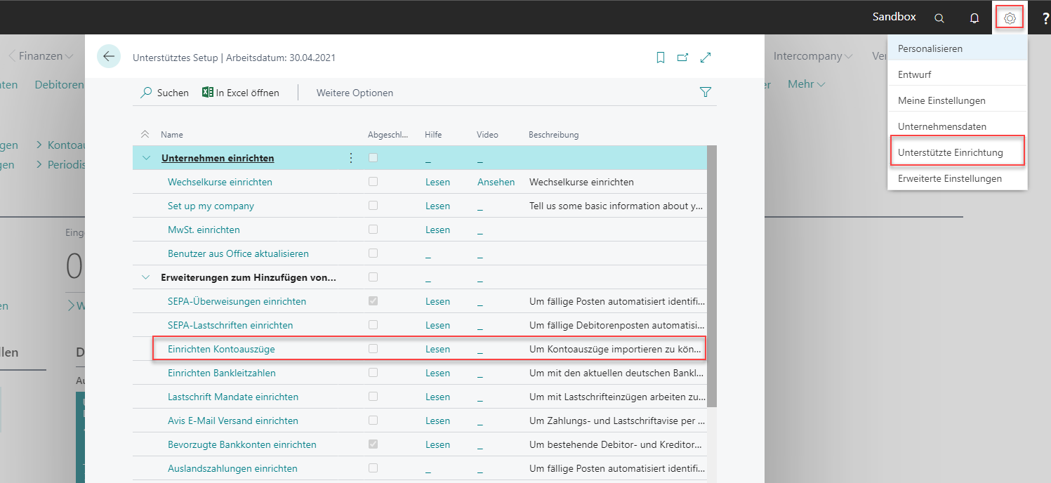 Setup wizard for bank statement processing