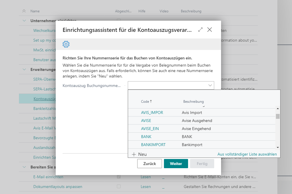 Setup wizard for bank statement processing No. series