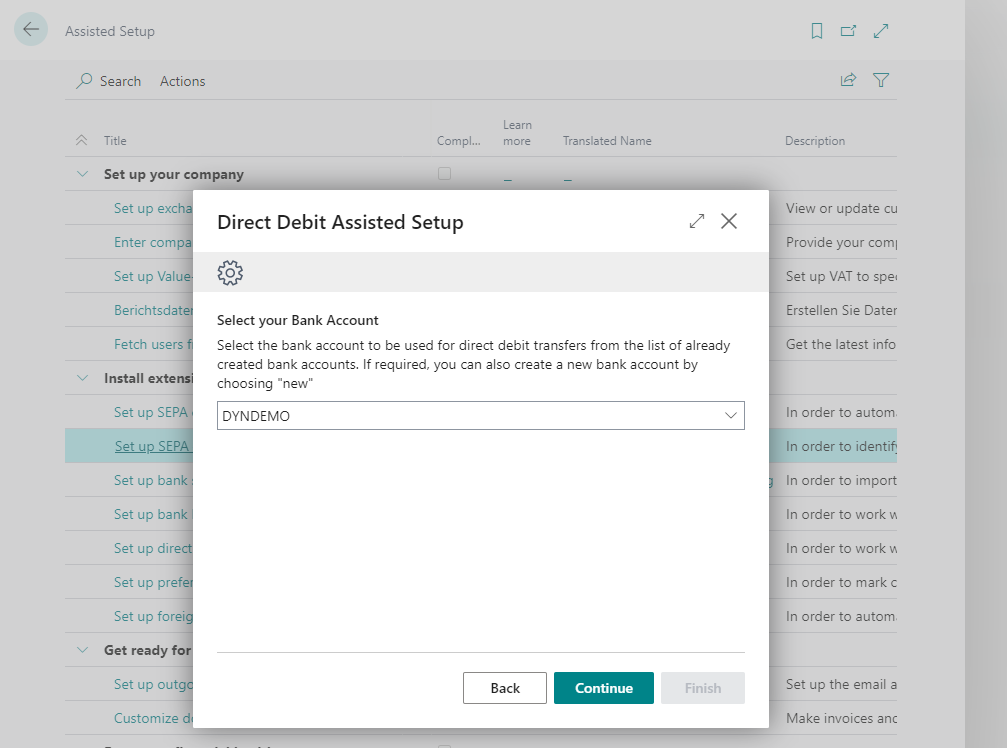 Setup wizard for SEPA direct debits Bank Account