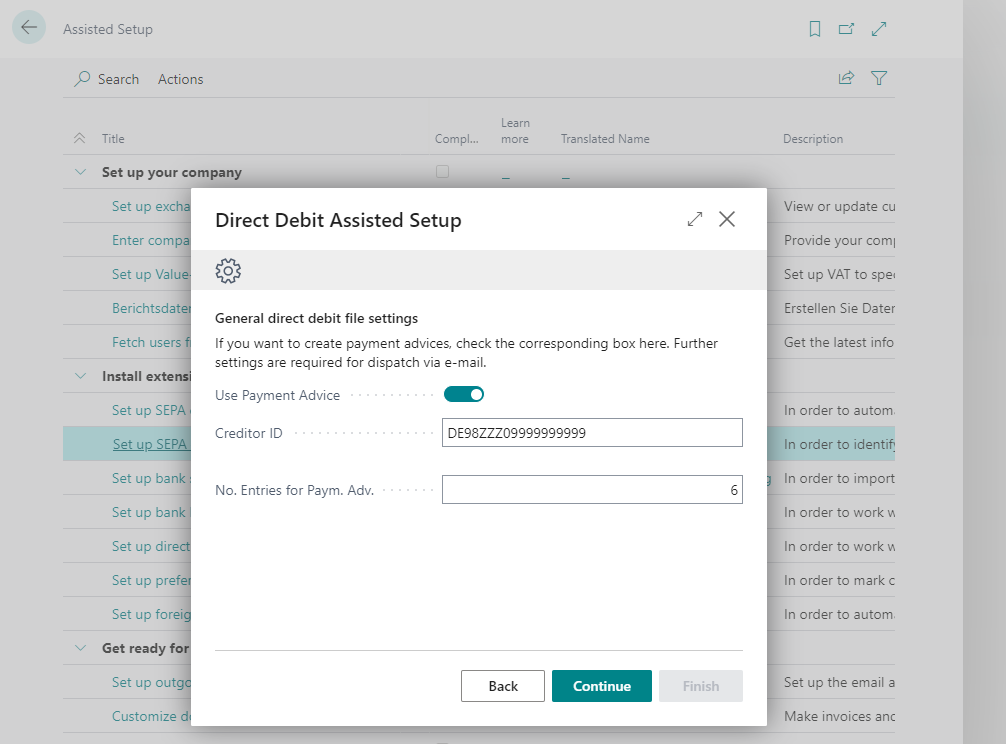 Setup wizard for SEPA direct debits Advices