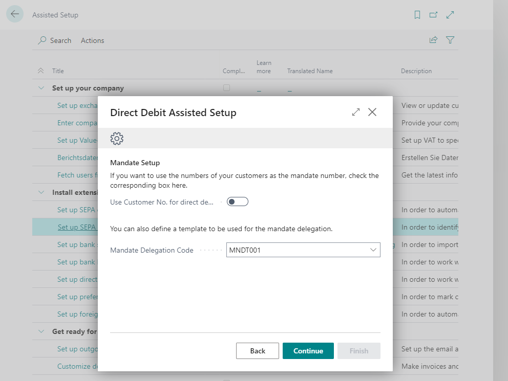 Setup wizard for SEPA direct debits Mandates