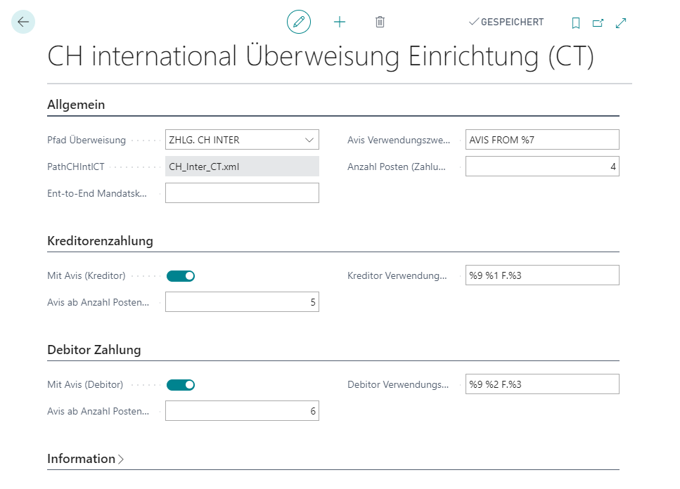 CH international Überweisung Einrichtung (CT)