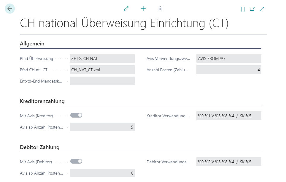 CH national Überweisung Einrichtung (CT)