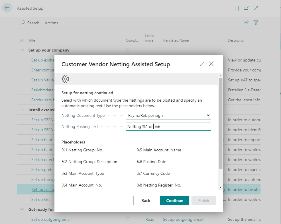 Setup wizard Customer-vendor netting Doc Type