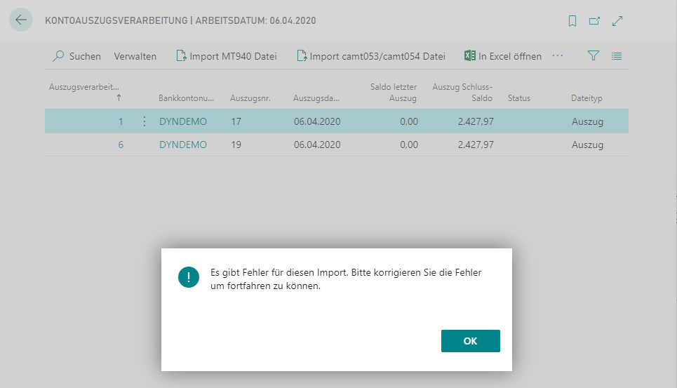 Importing MT940 File error Message