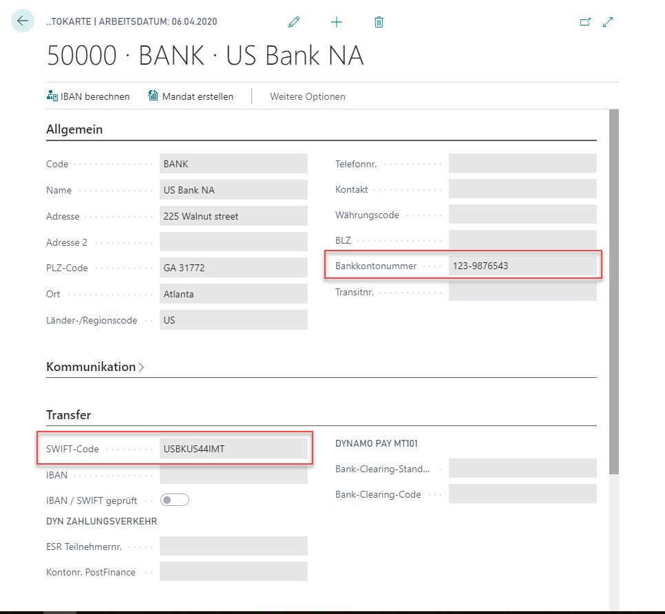 Foreign Vendor Bank account Card