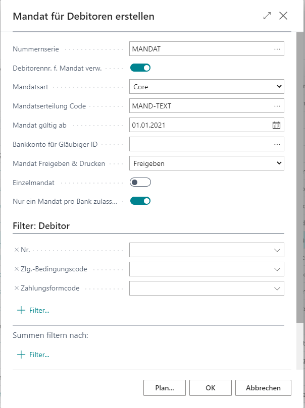Mandat für Debitoren erstellen