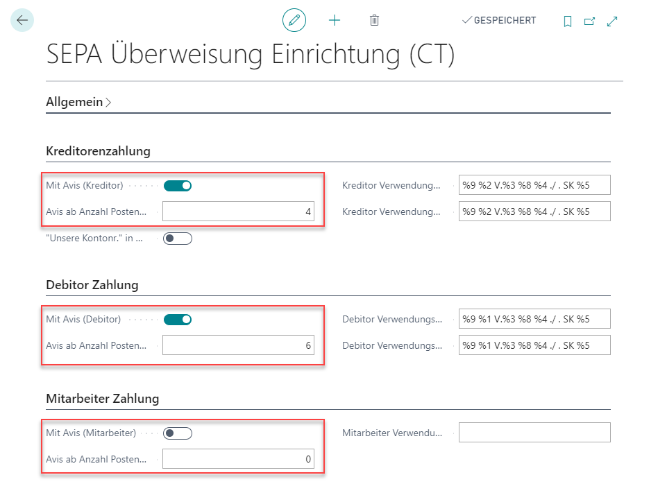 Avise in SEPA Überweisung Einrichtung (CT)