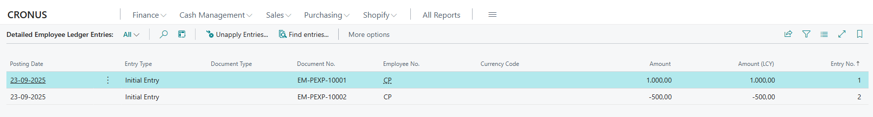 cash advance employee ledger entries